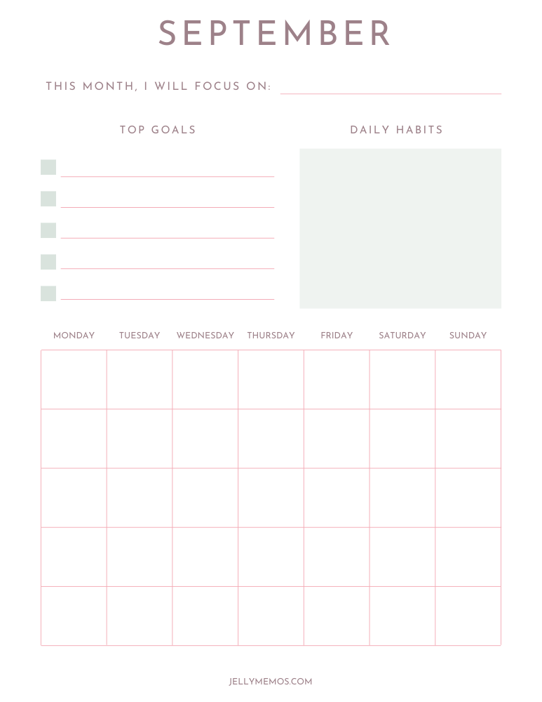 neutral pink september goal setting calendar