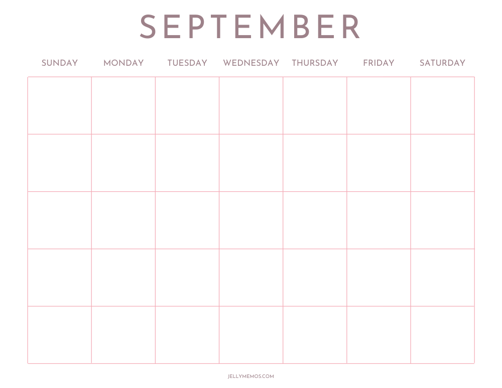 blank september calendar, horizontal, neutral pink