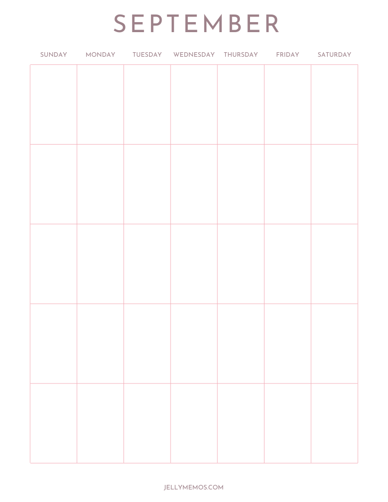 blank september calendar, vertical, neutral pink