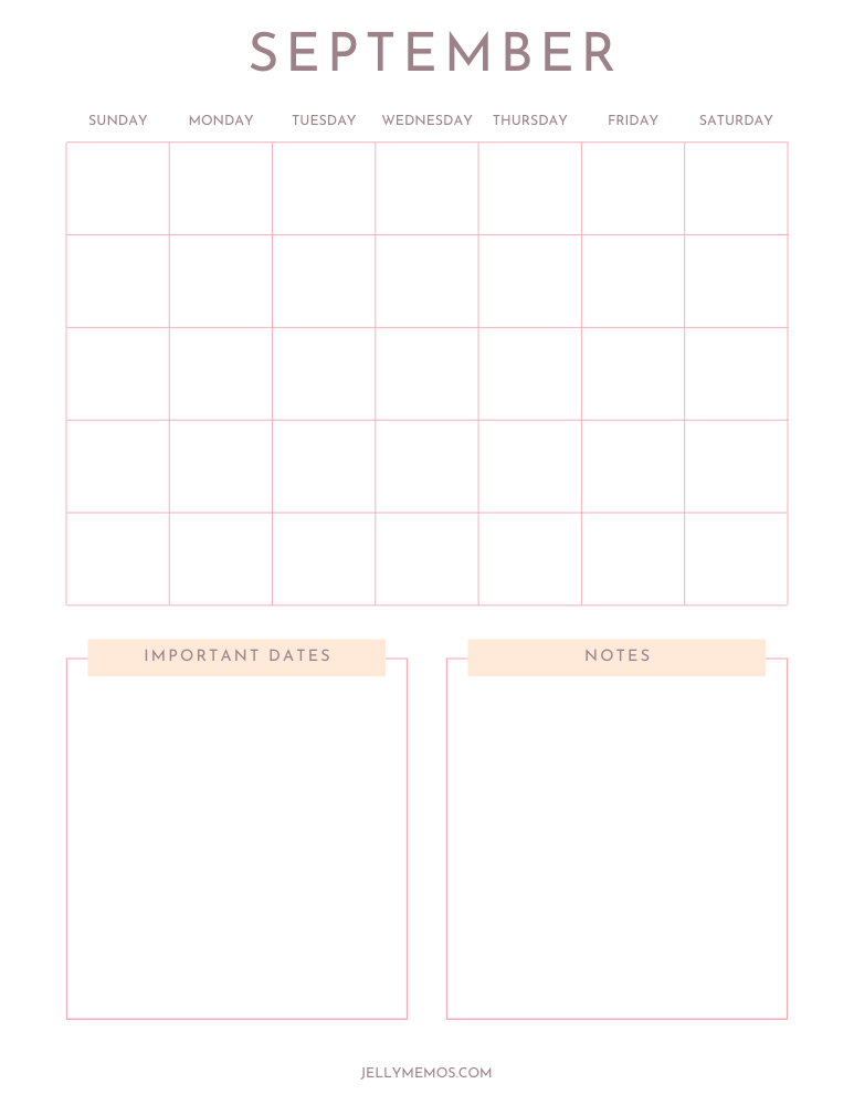 blank september calendar, vertical, neutral pink