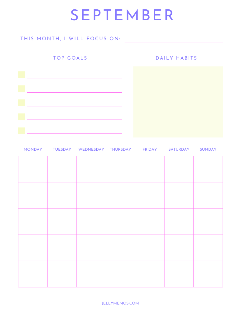 bright pink september goal setting calendar