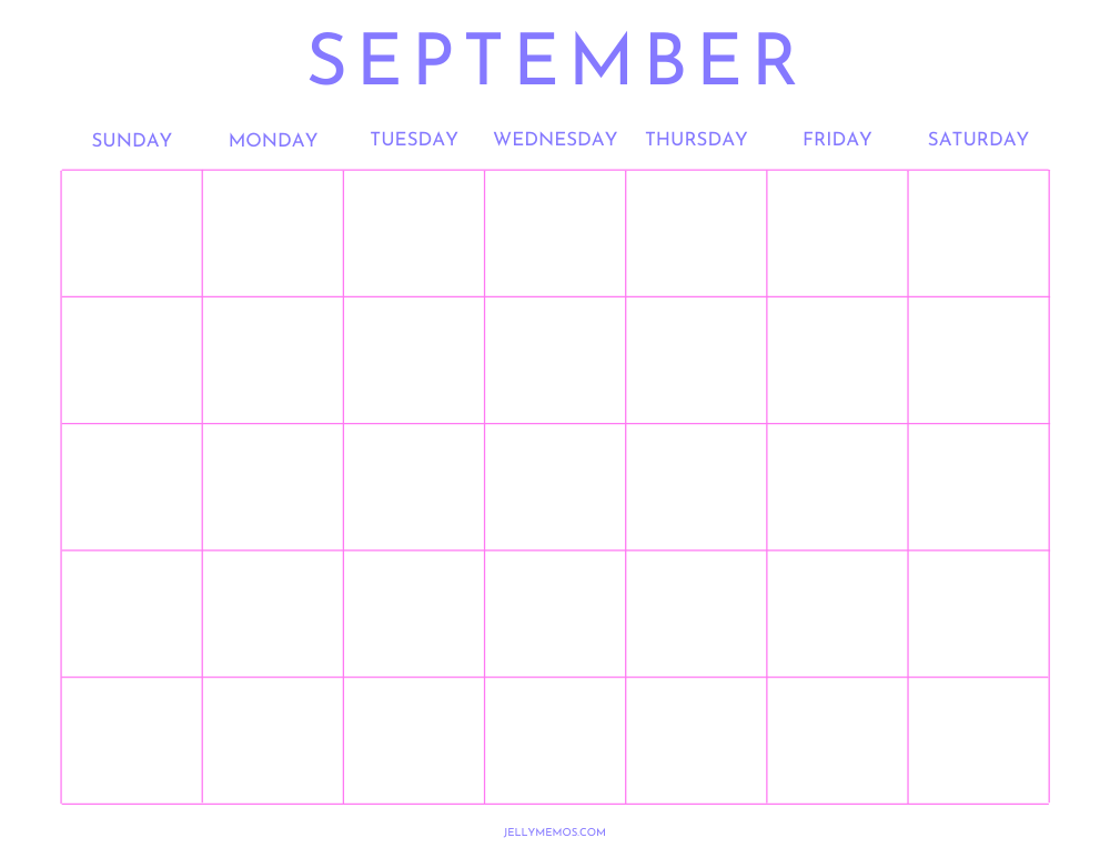 blank september calendar, horizontal, bright pink