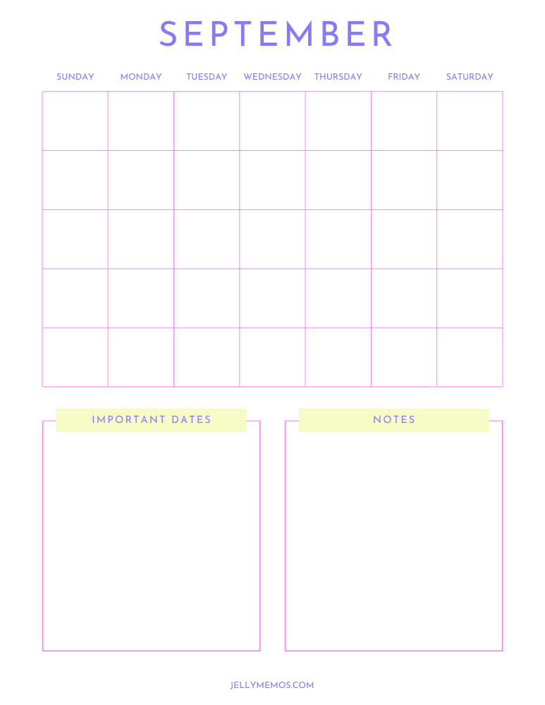 blank september calendar, vertical, bright pink