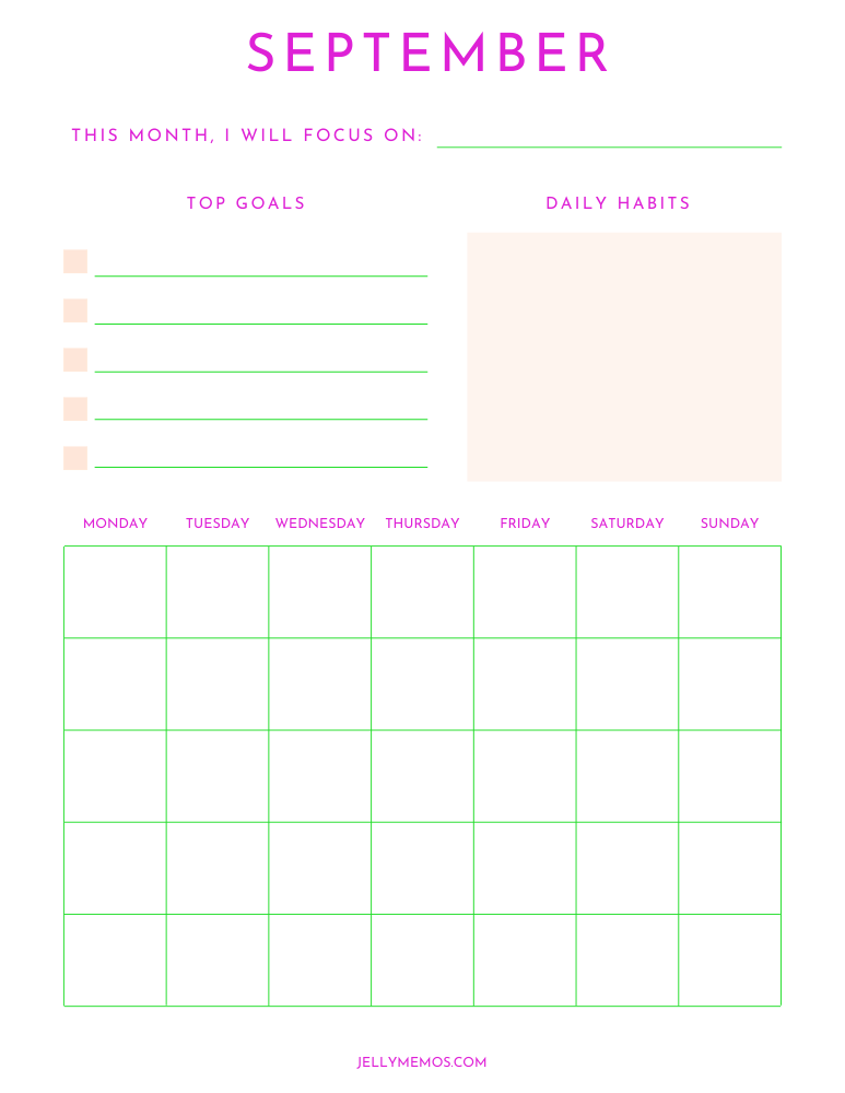 September Goal Setting Calendar Printable - JellyMemos