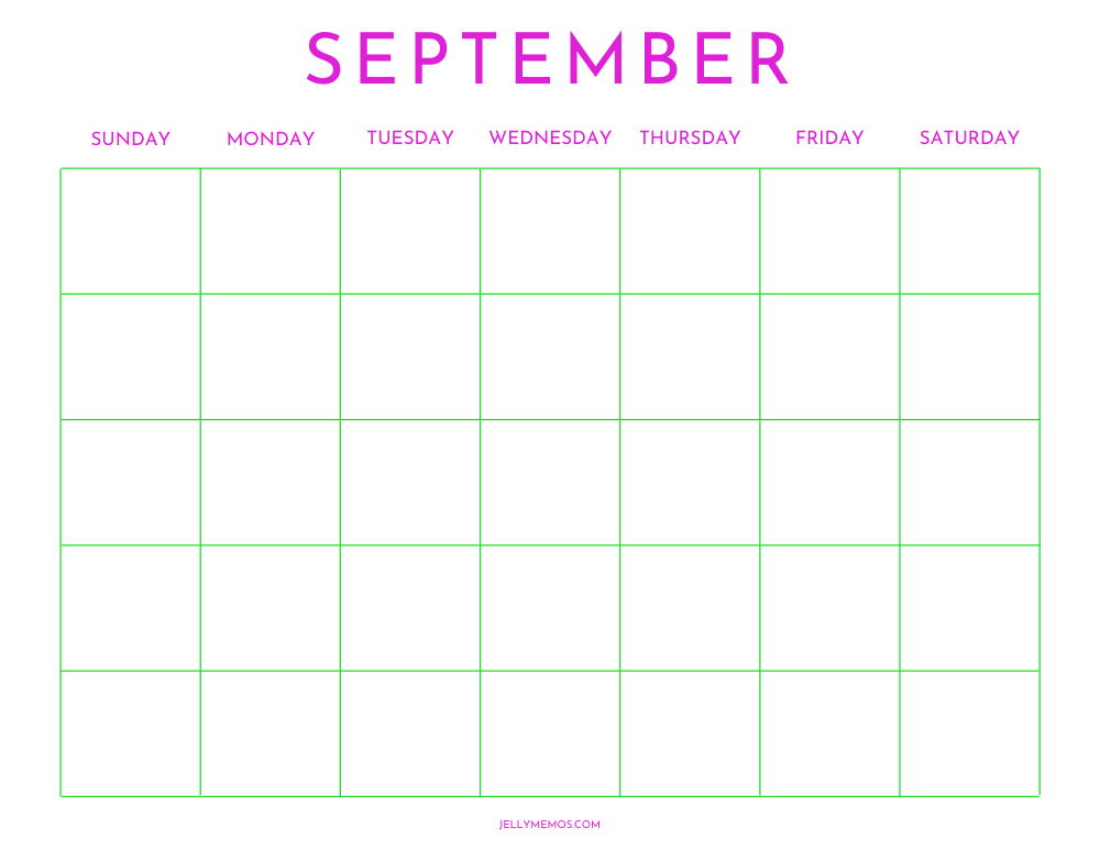 blank september calendar, horizontal, bright green
