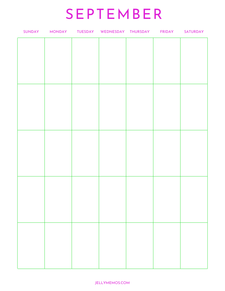 blank september calendar, vertical, bright green