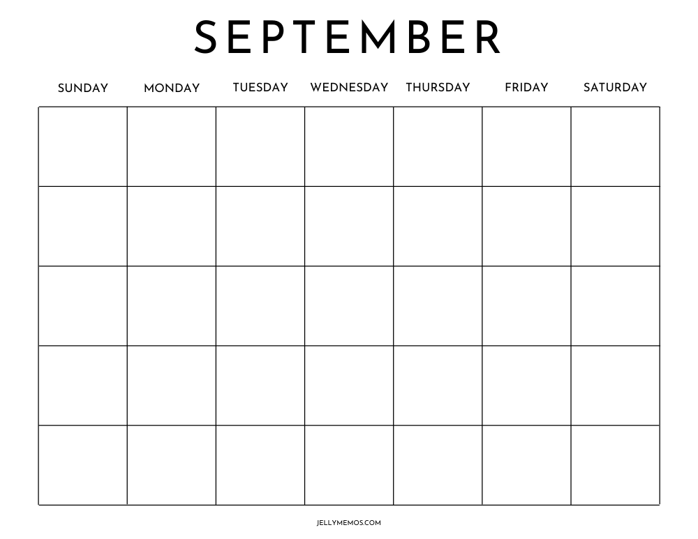 blank september calendar, horizontal, black