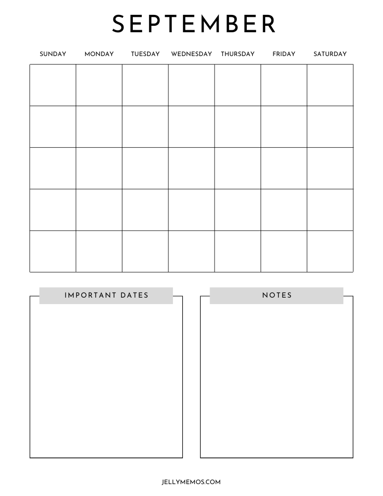 blank september calendar, vertical, black