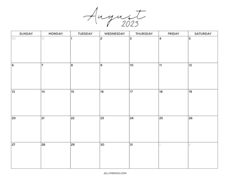 August 2023 Calendar Printables (Monday & Sunday Start) - JellyMemos