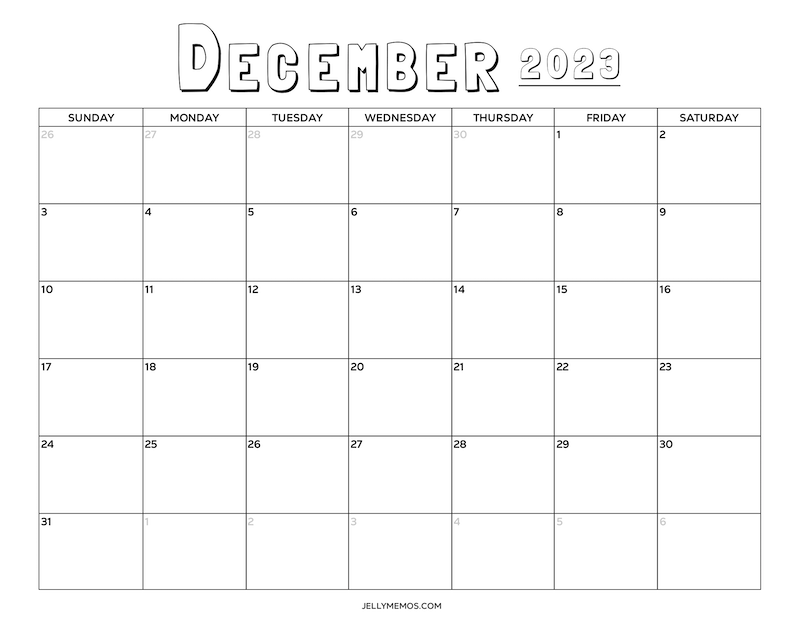 December 2023 Calendar Printables - Monday & Sunday Start - JellyMemos