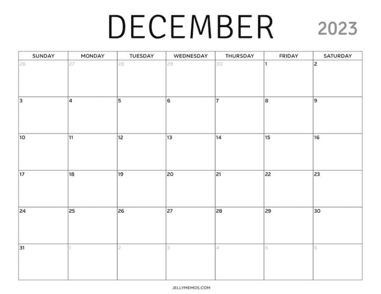 December 2023 Calendar Printables - Monday & Sunday Start - JellyMemos