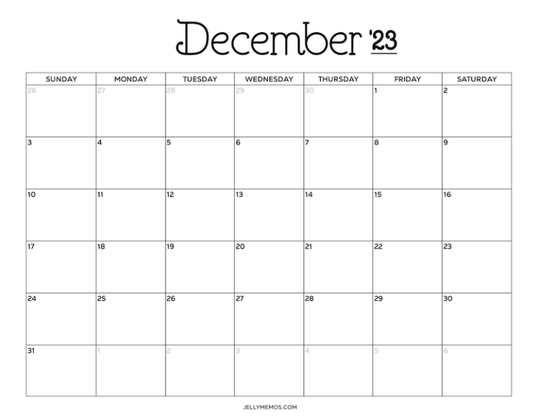 December 2023 Calendar Printables - Monday & Sunday Start - JellyMemos