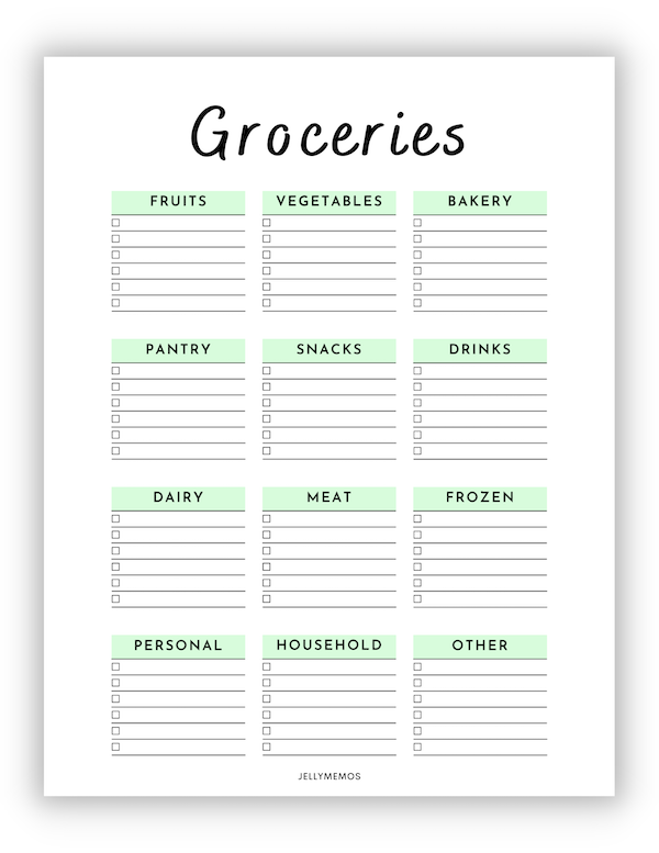 Free Printable Grocery List (With Categories!) - JellyMemos