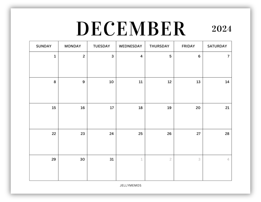 December 2024 Calendar Printables (Monday & Sunday Start!) - JellyMemos