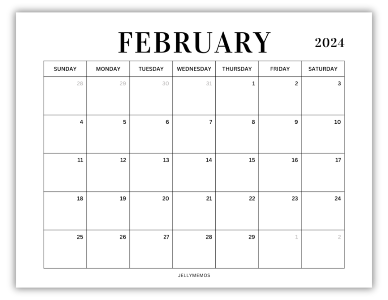 February 2024 Calendar Printables (Monday + Sunday Start!) - JellyMemos