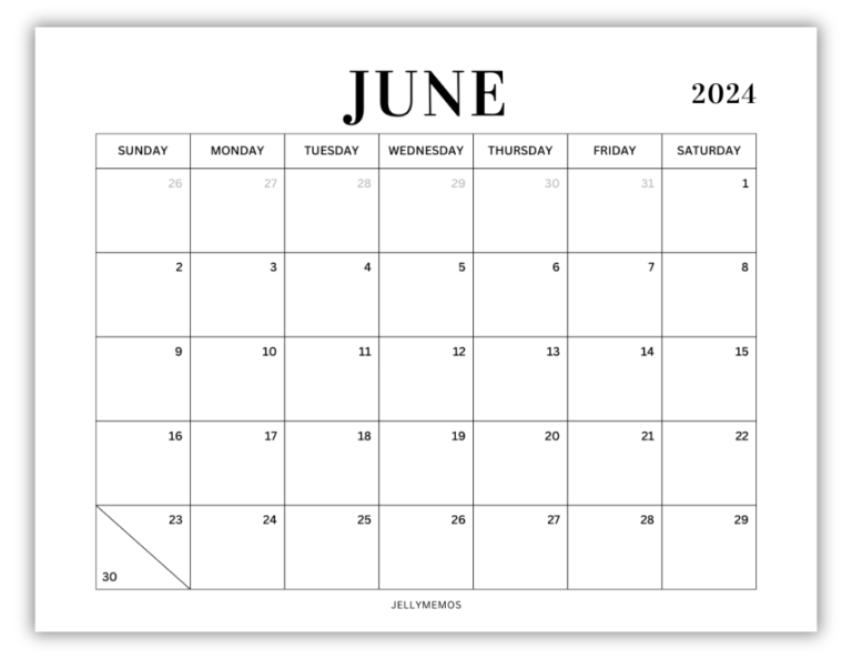 June 2024 Calendar Printables (Monday & Sunday Start!) - JellyMemos