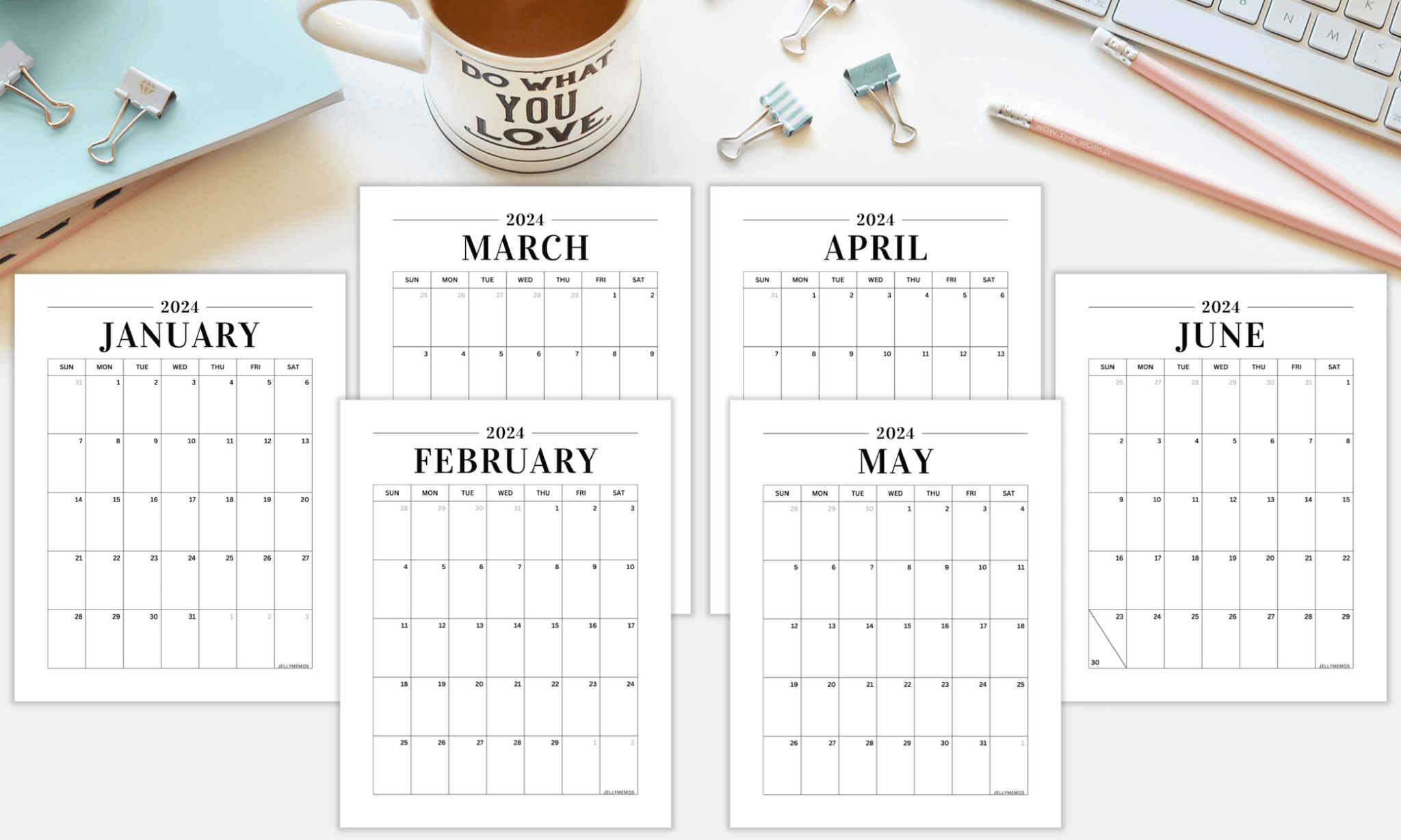 Cute &amp; Simple 2024 Vertical Calendar Printable - JellyMemos