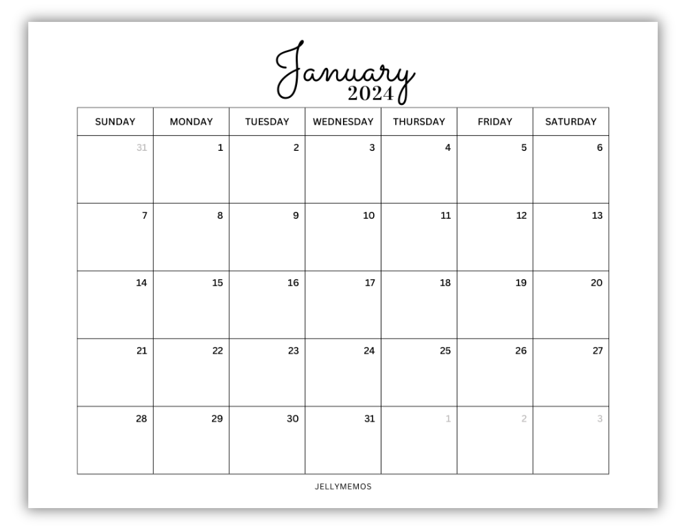 January 2024 Calendar Printables For Planning & Productivity - JellyMemos