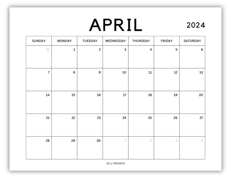 April 2024 Calendar Printables (Monday + Sunday Start!) - JellyMemos