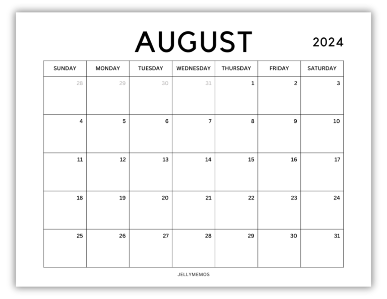 August 2024 Calendar Printables (Monday + Sunday Start!) - JellyMemos