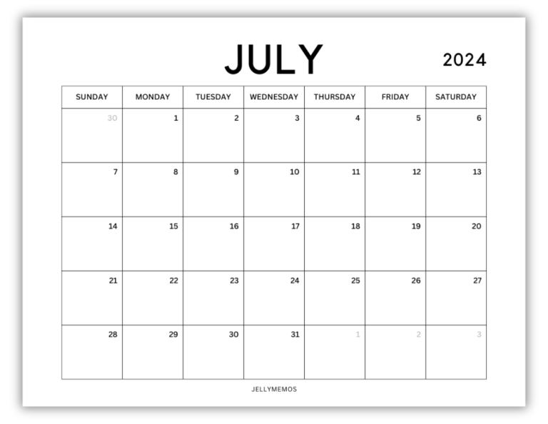 July 2024 Calendar Printables (Cute & Simple!) - JellyMemos