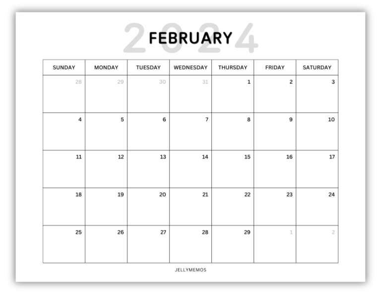 February 2024 Calendar Printables (Monday + Sunday Start!) - JellyMemos