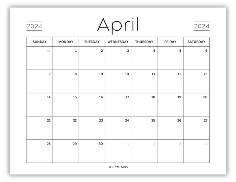 April 2024 Calendar Printables (Monday + Sunday Start!) - JellyMemos
