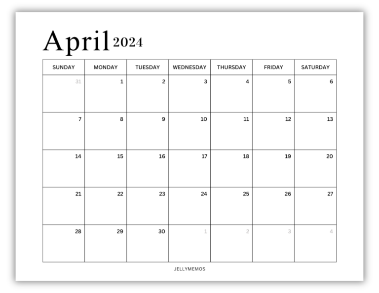 April 2024 Calendar Printables (Monday + Sunday Start!) - JellyMemos