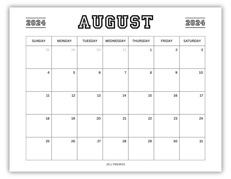 August 2024 Calendar Printables (Monday + Sunday Start!) - JellyMemos