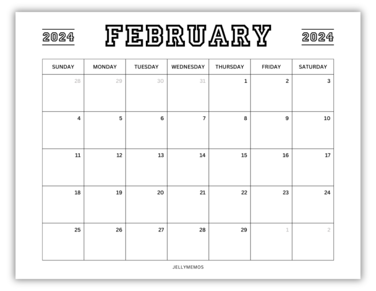 February 2024 Calendar Printables (Monday + Sunday Start!) - JellyMemos