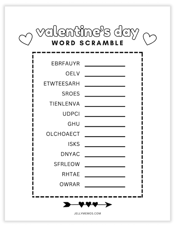 Valentine's Day word scramble printable