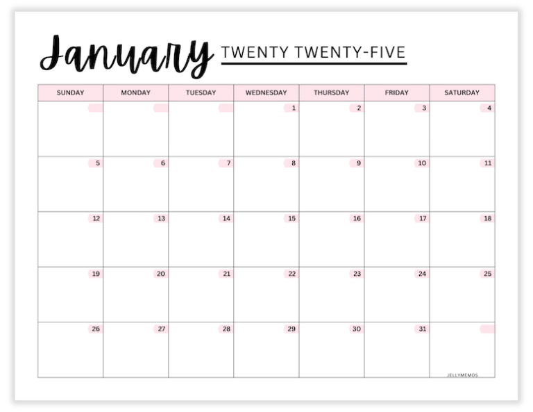 2025 Pink Calendar Printable (Cute & Free!) - JellyMemos