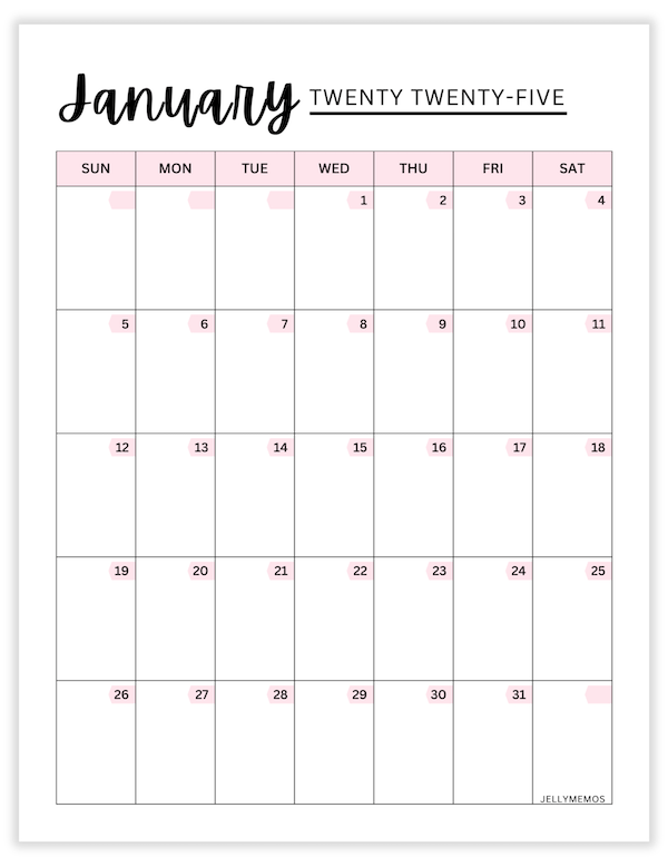 january 2025 pink calendar printable