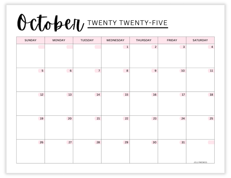 october 2025 pink calendar printable