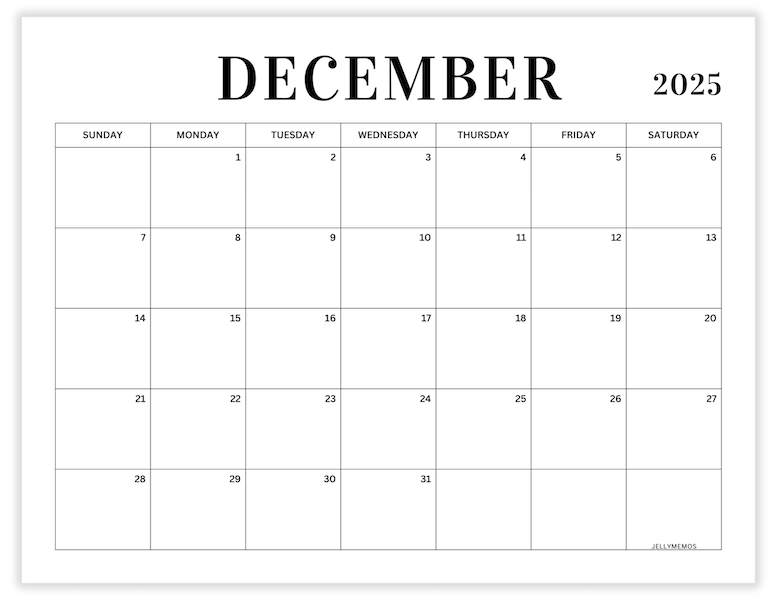 december 2025 minimal calendar printable