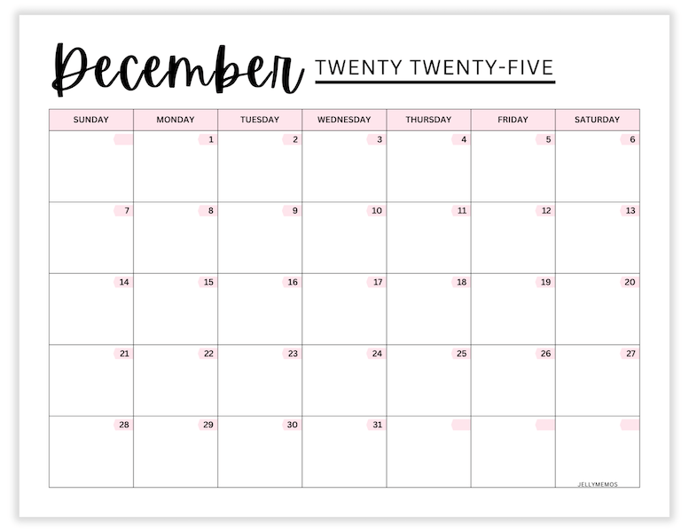 december 2025 pink calendar printable