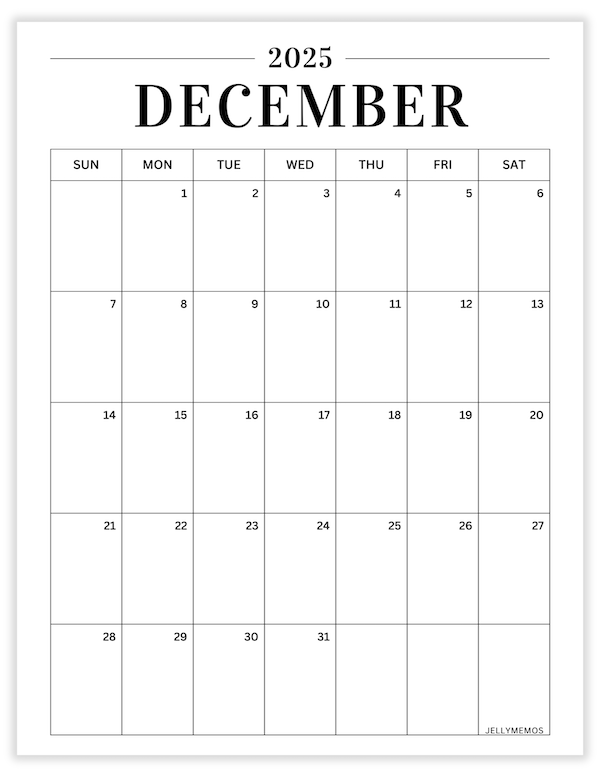 december 2025 minimal calendar printable