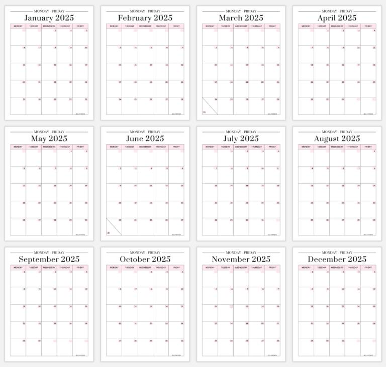 2025 Monday To Friday Calendar Printables (Cute &amp; Free!) - JellyMemos