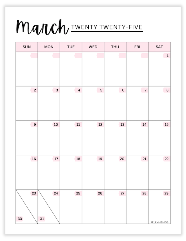 march 2025 pink calendar printable