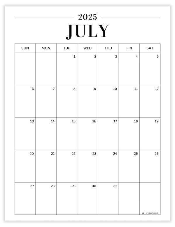 july 2025minimal calendar printable