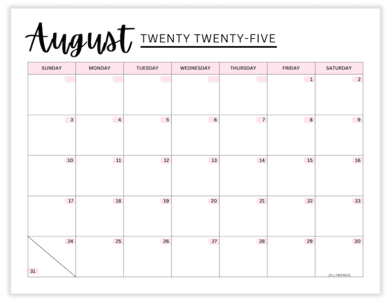 2025 Pink Calendar Printable (Cute & Free!) - JellyMemos