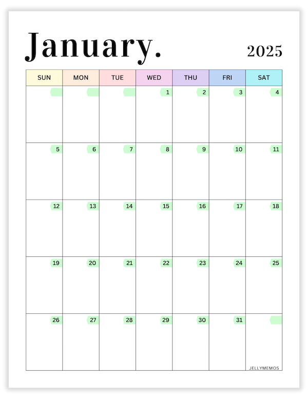 january 2025 pastel calendar printable