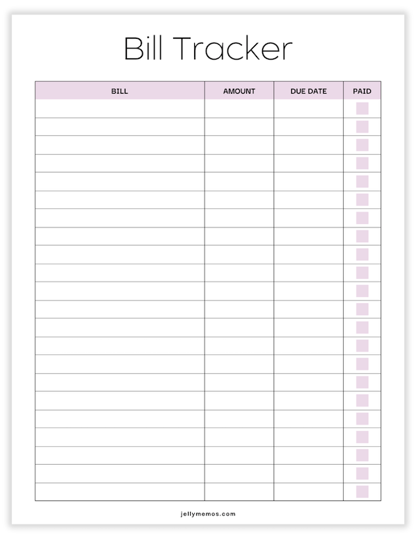 bill tracker printable