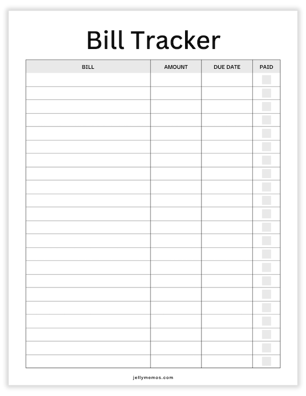 bill tracker printable