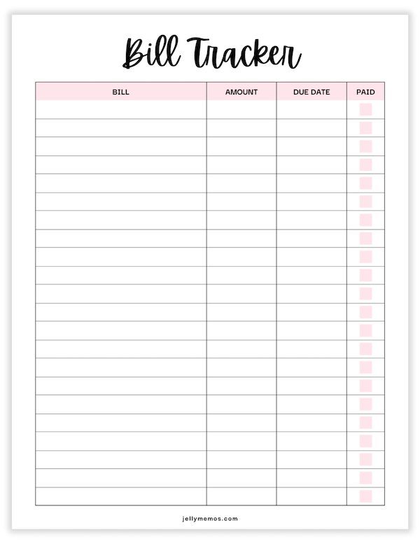 bill tracker printable