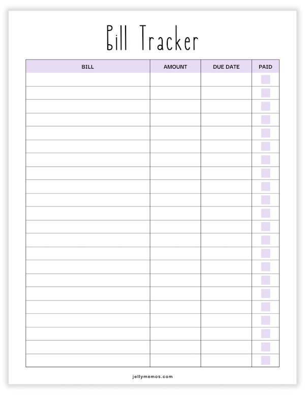 bill tracker printable