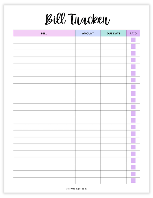 bill tracker printable