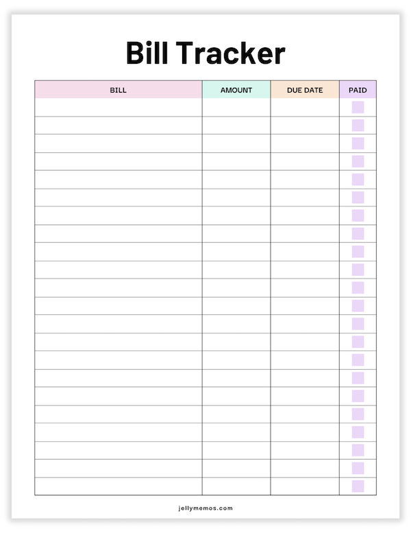 bill tracker printable