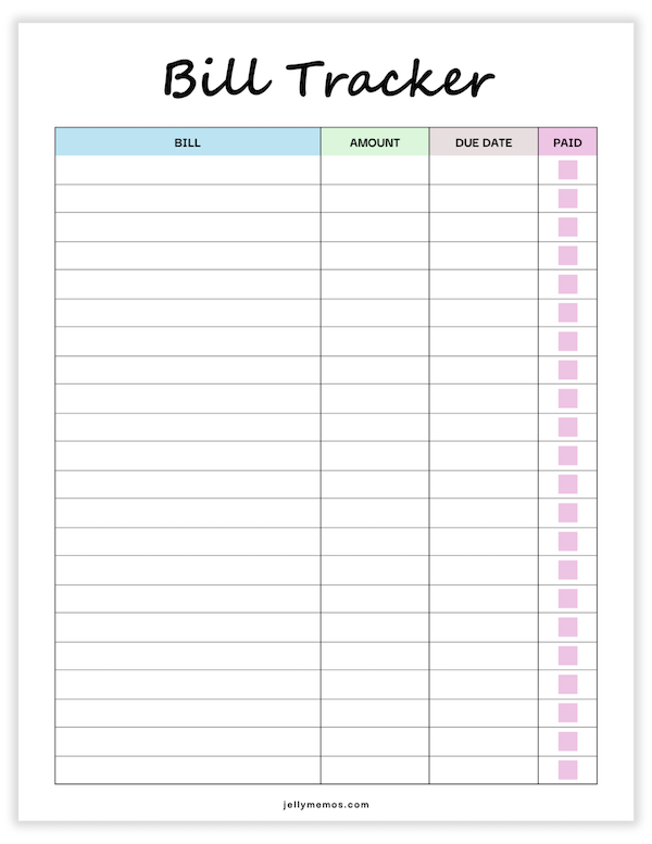 bill tracker printable