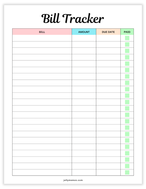 bill tracker printable